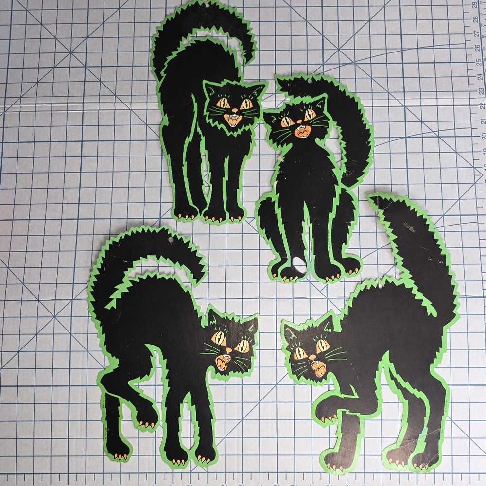 Vintage Die Cut Beistle Co. Set Of 4 Black and Green Cat Decorations